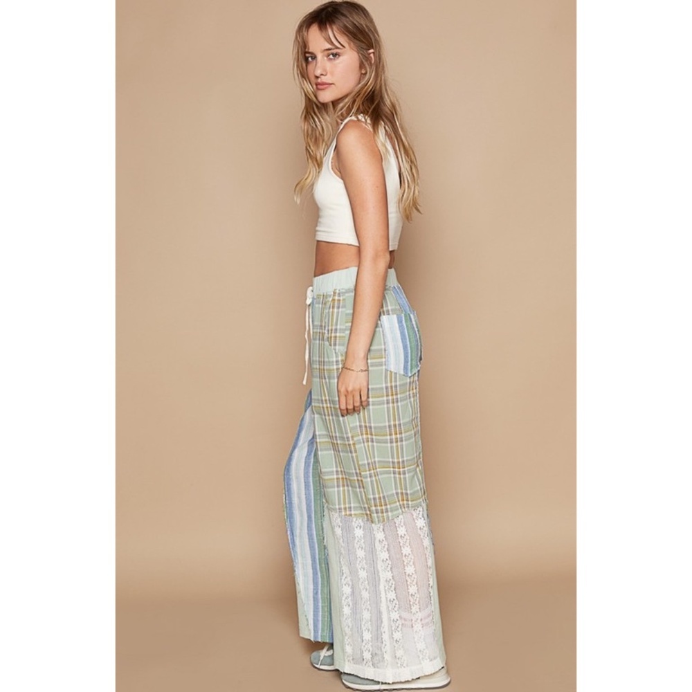 POL Blue & Green Washed Cotton Plaid with Stripes Lace Leg Pants - Picture 3 of 8